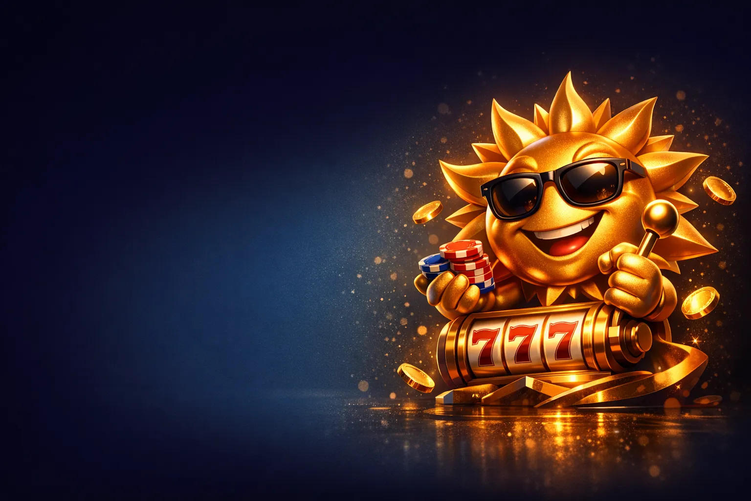 Cinematic 3D golden sunrise dawn scene with glowing slot reels and warm amber light rays on deep navy background